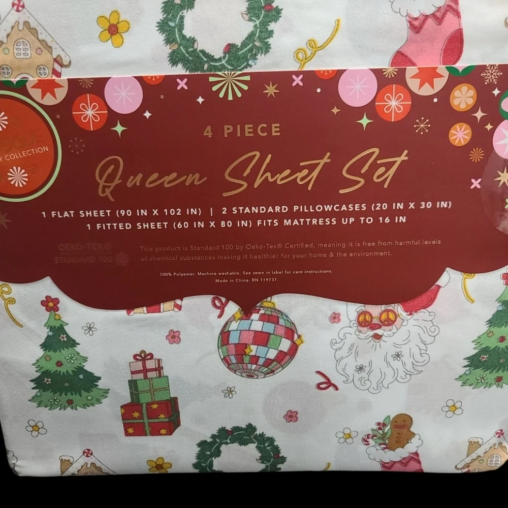 Envogue Queen Bed Sheet Set Christmas Reindeer Stockings Gingerbread Disco Ball